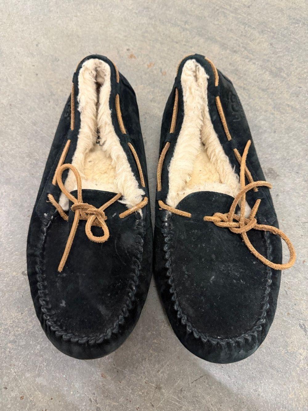 UGG Black Suede Shearling Moccasins with Tan Laces